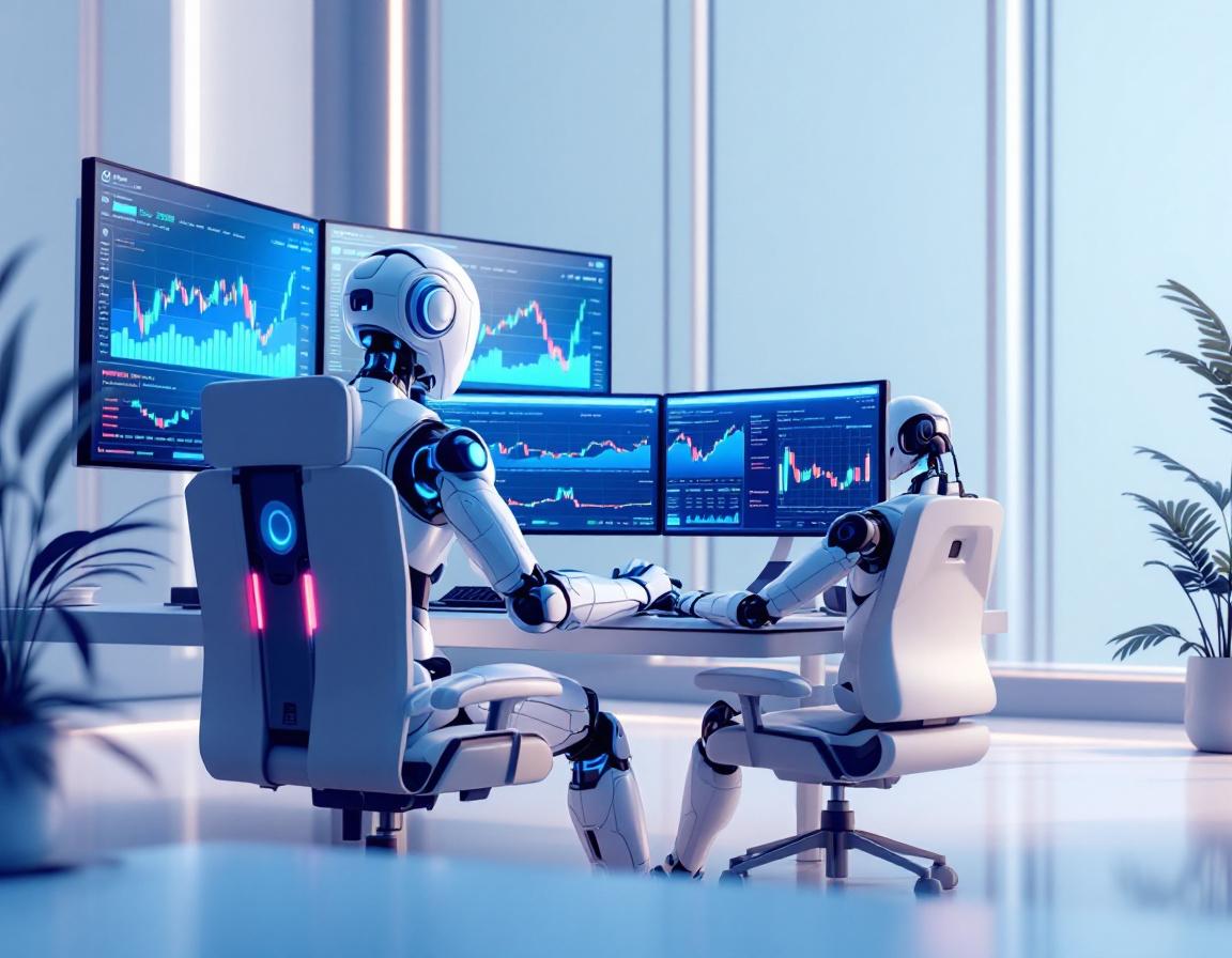 A hyper-realistic AI trading bot analyzes market data at a sleek workstation amidst screens.