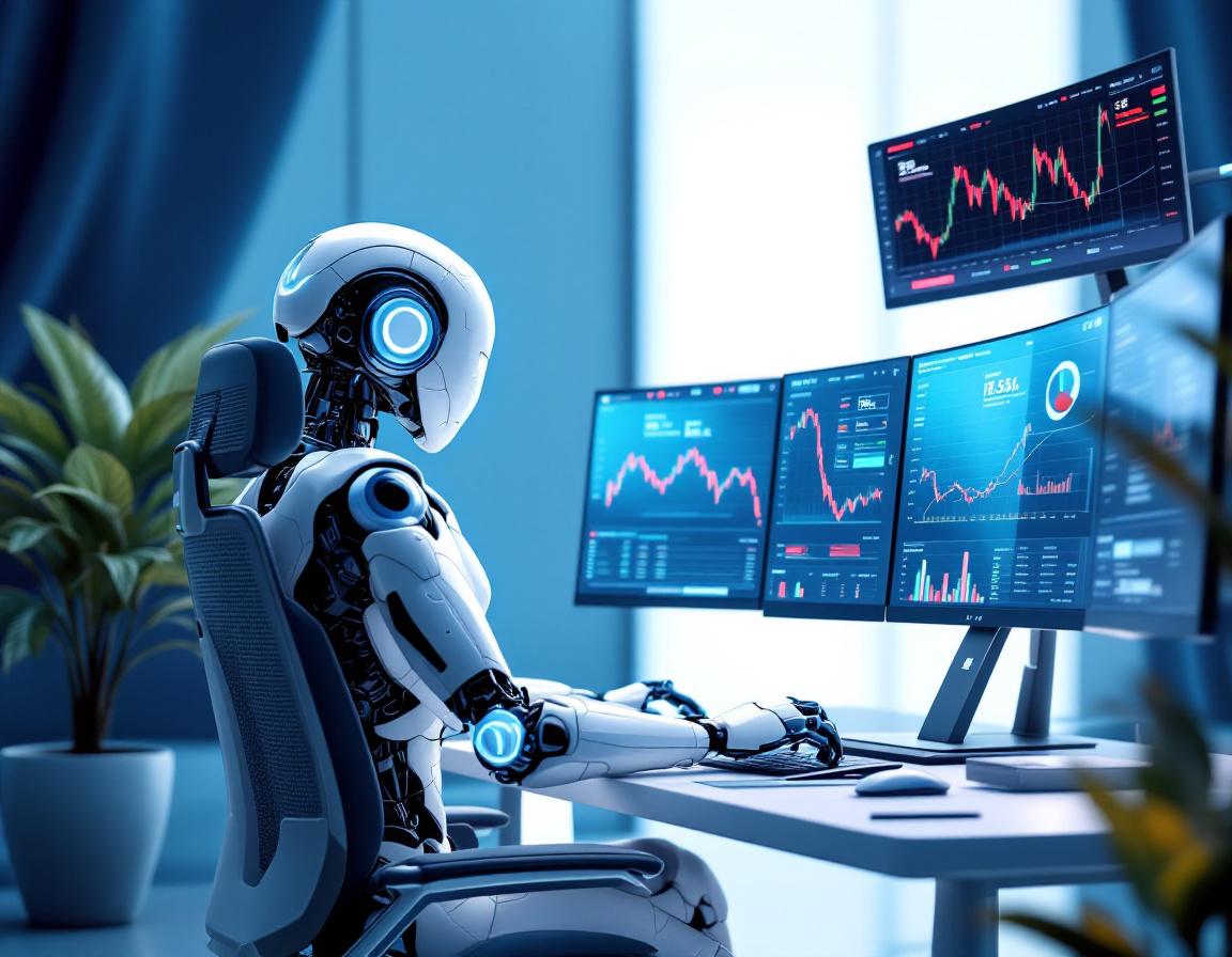 A humanoid AI trading bot at a high-tech workstation analyzing market data on multiple screens.