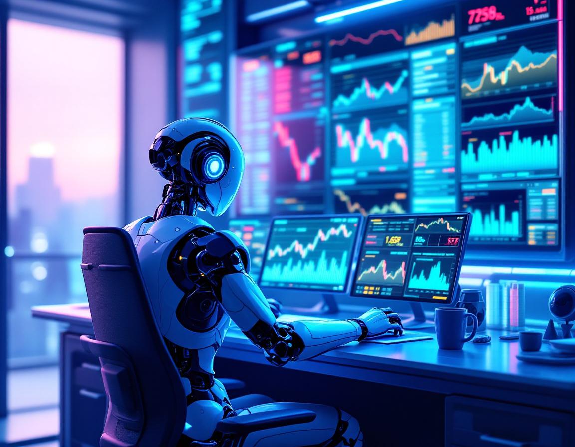 A futuristic AI trading bot analyzes market data at a sleek workstation, showcasing crypto trends.