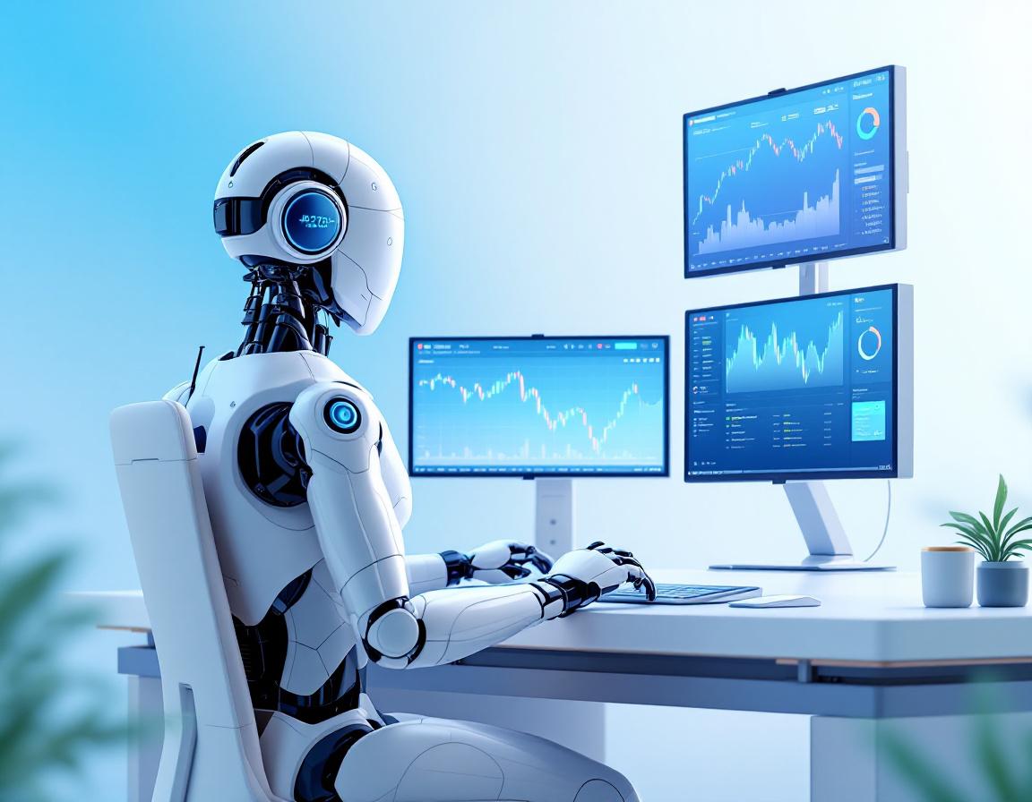 A hyper-realistic AI trading bot at a sleek workstation analyzing market data on multiple screens.