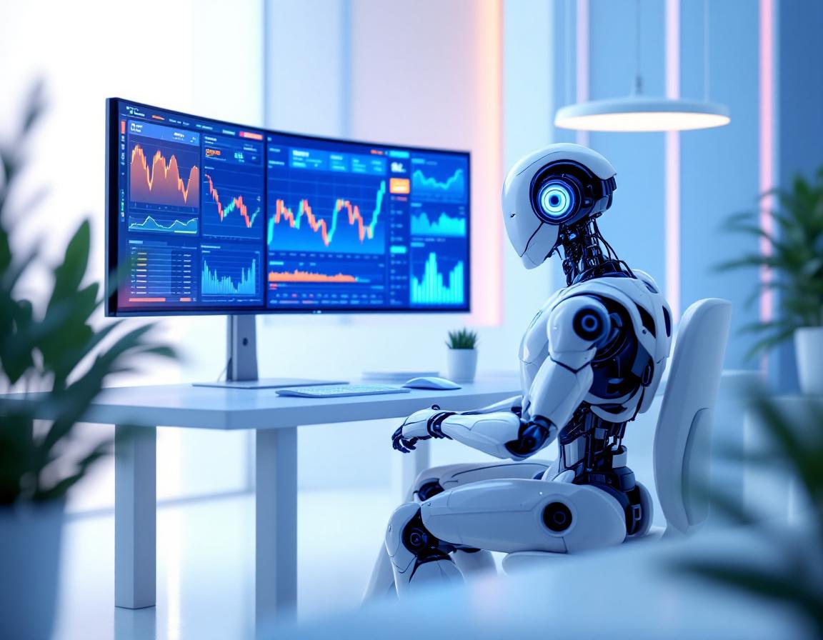 A hyper-realistic AI trading bot analyzing market data on multiple screens in a futuristic setup.