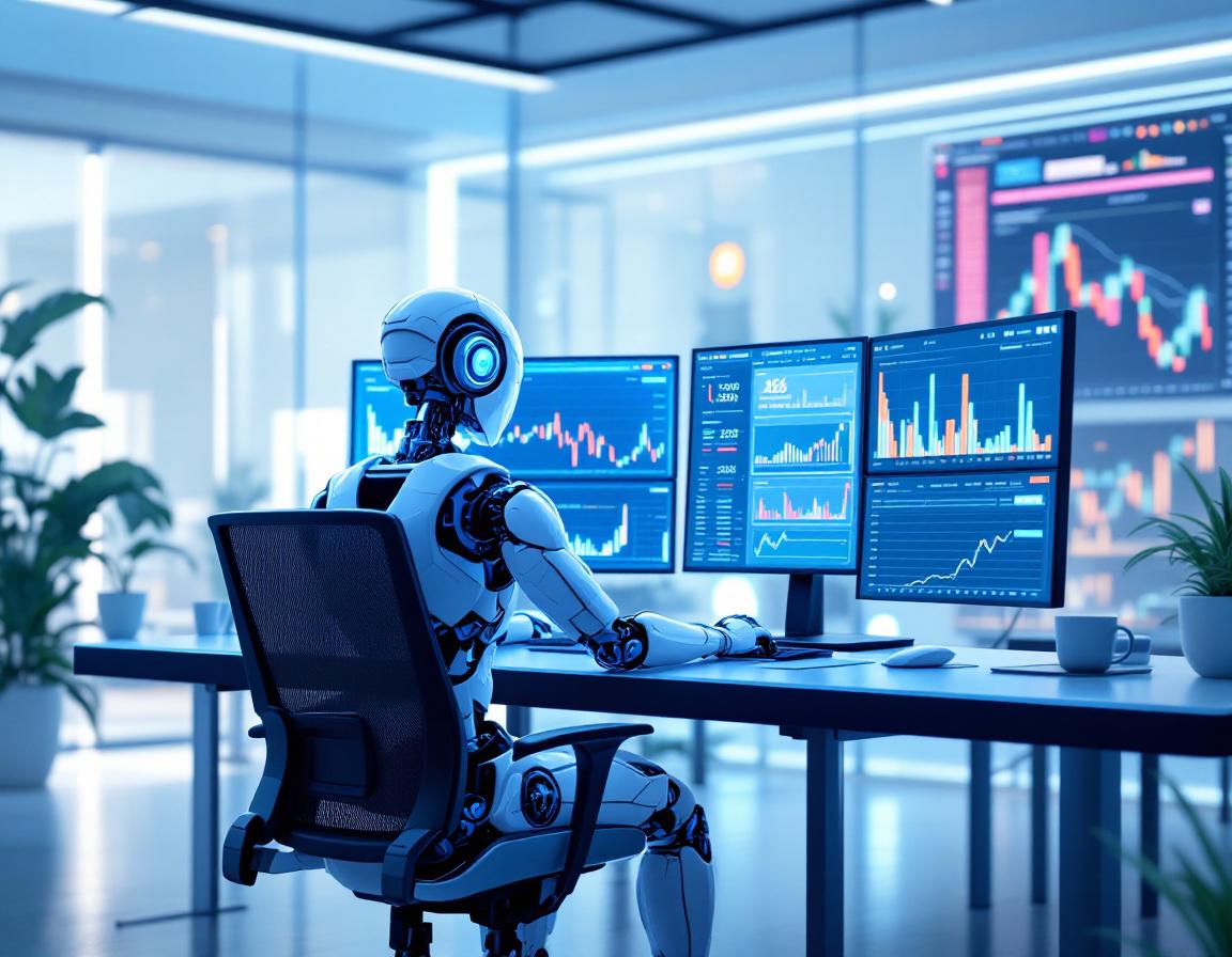 A humanoid AI trading bot at a high-tech workstation analyzing crypto and stock market data.