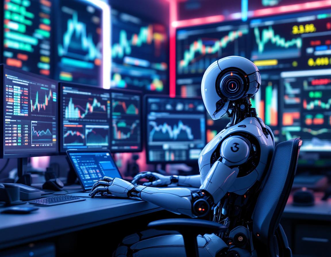 A humanoid AI trading bot at a high-tech workstation analyzes market data on multiple screens.