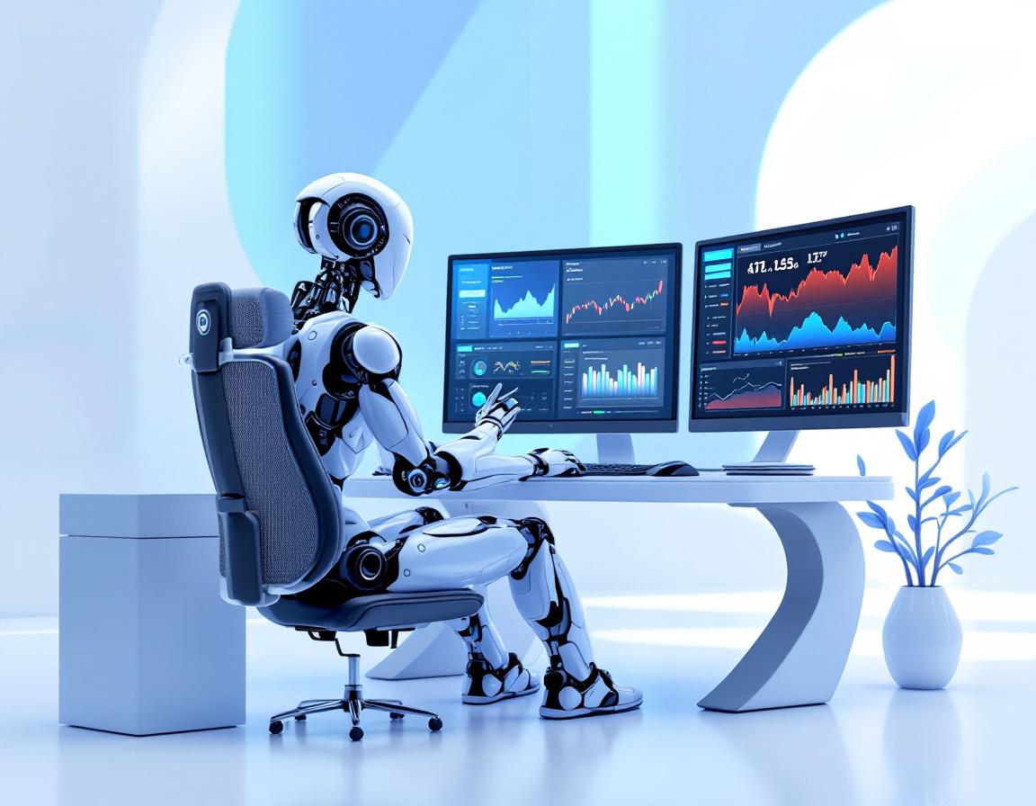 A hyper-realistic AI trading bot at a high-tech workstation analyzing crypto market data and trends.