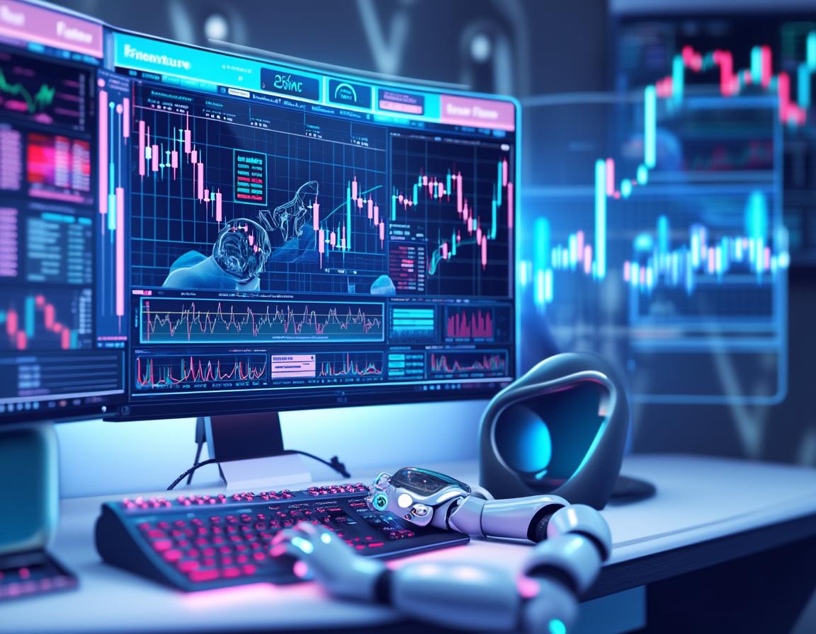 A hyper-realistic AI trading bot analyzes market data at a sleek workstation with multiple screens.