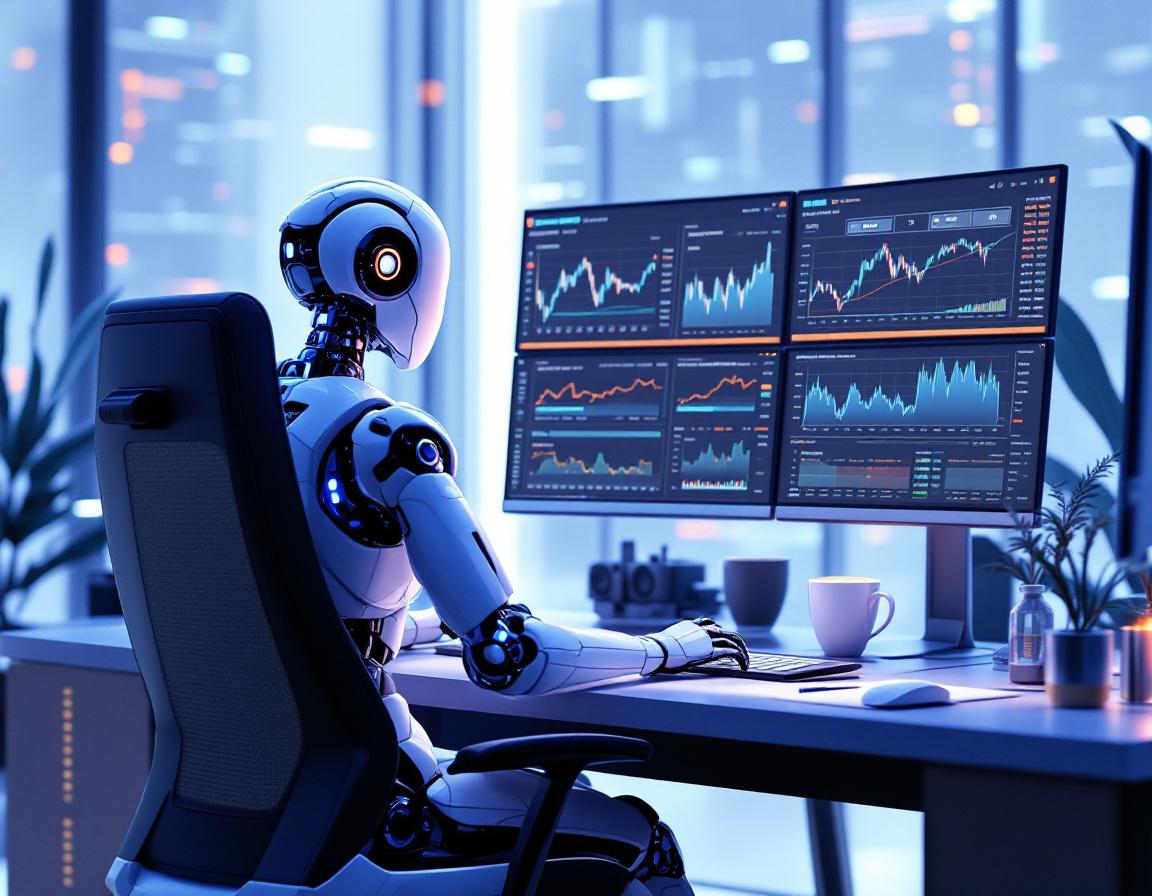 A hyper-realistic AI trading bot at a workstation analyzing crypto and stock market data on screens.