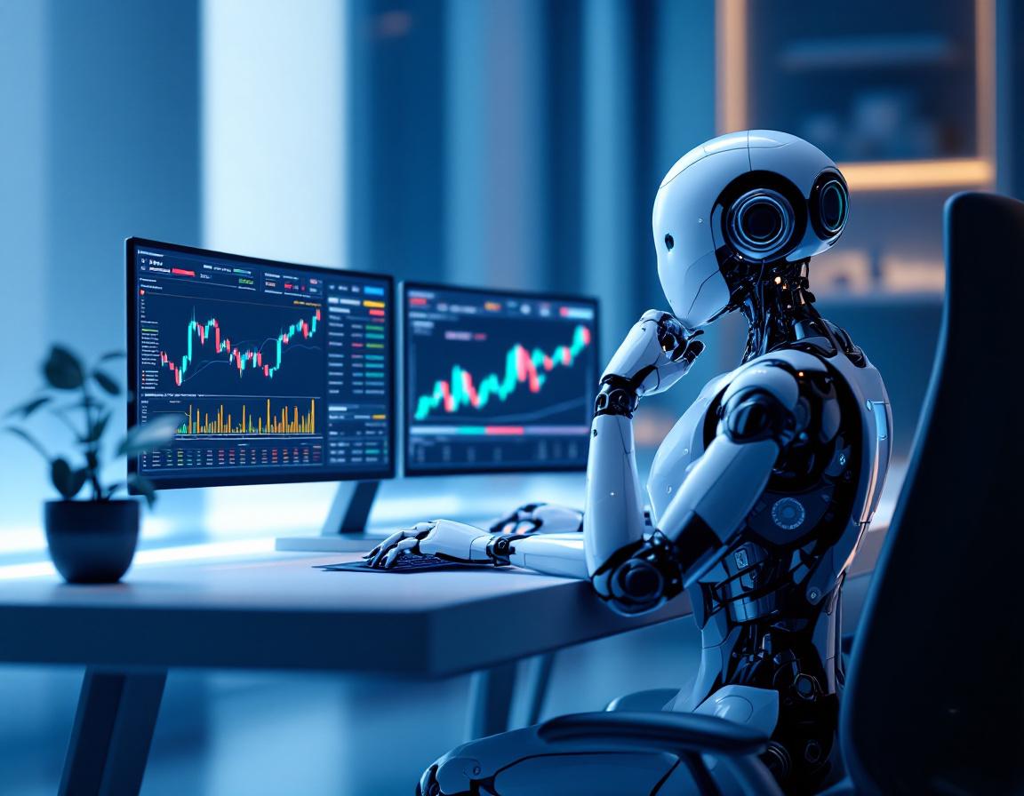 A hyper-realistic AI trading bot at a high-tech workstation analyzing stock and crypto market data.