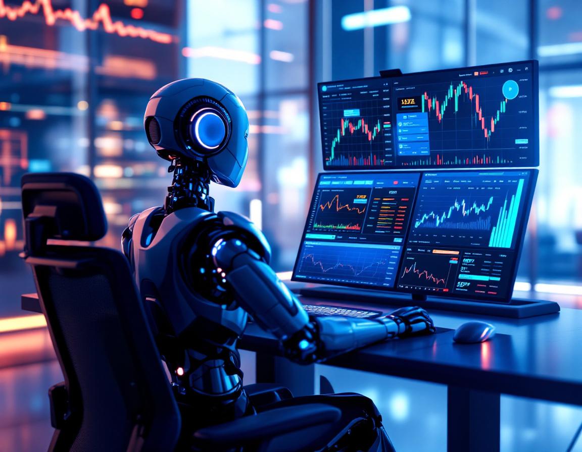 A hyper-realistic AI trading bot at a workstation, analyzing markets with detailed data screens.