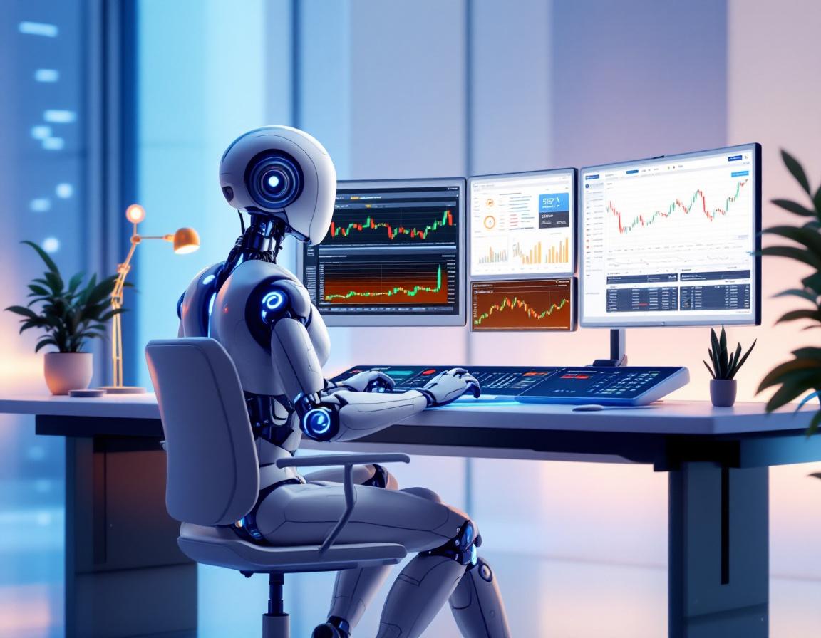 A humanoid AI trading bot analyzes market data at a high-tech workstation with multiple screens.