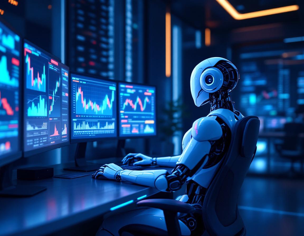 A hyper-realistic AI trading bot at a high-tech workstation analyzing stock and crypto data.