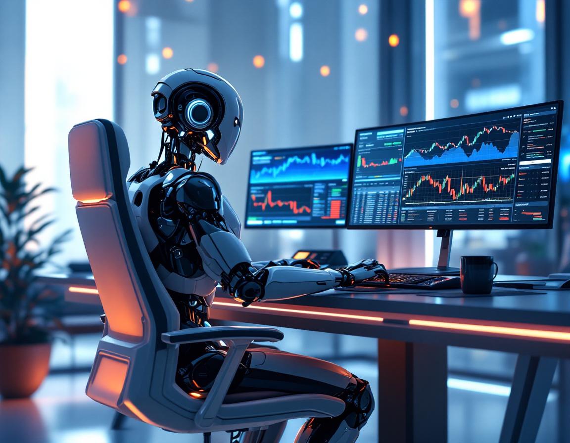 A hyper-realistic AI trading bot in a high-tech environment analyzing stock and crypto market data.