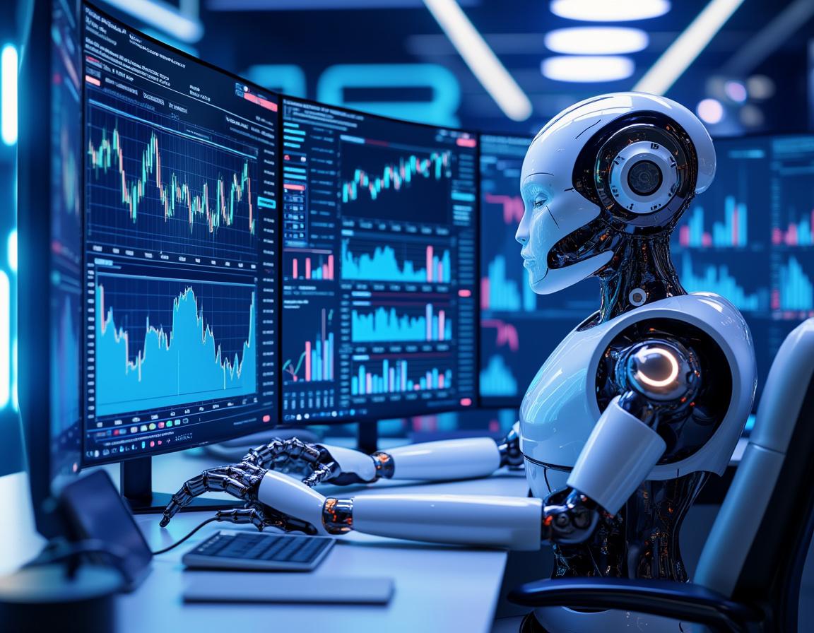 A hyper-realistic AI trading bot at a workstation analyzing market data across multiple screens.