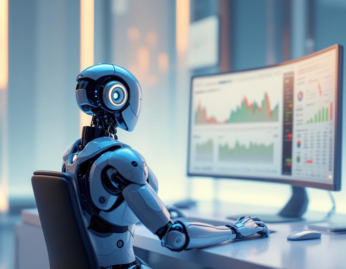 Hyper-realistic AI trading bot at a futuristic workstation analyzing stock and crypto market data.