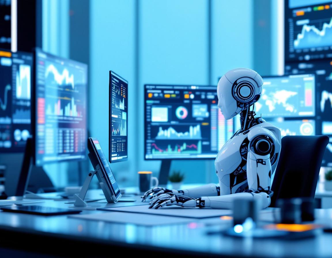 A hyper-realistic AI trading bot at a futuristic workstation analyzing stock and crypto market data.