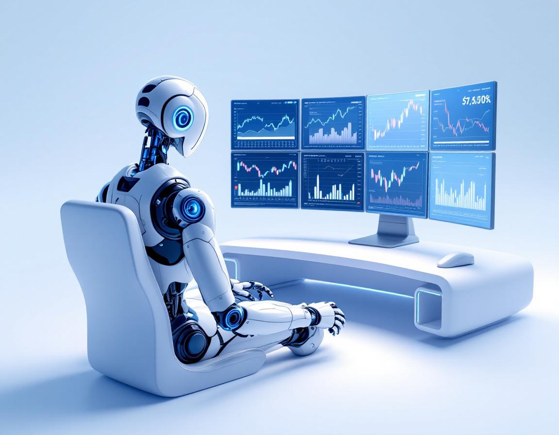 A hyper-realistic AI trading bot at a workstation analyzing market data across multiple screens.