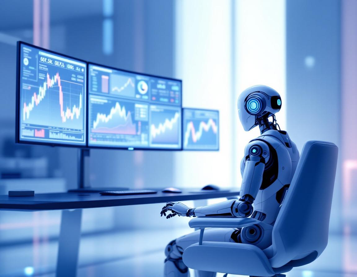 A humanoid AI trading bot analyzes market data at a high-tech workstation with multiple screens.