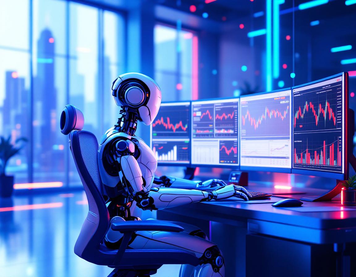 A hyper-realistic AI trading bot at a high-tech workstation analyzing stock and crypto market data.