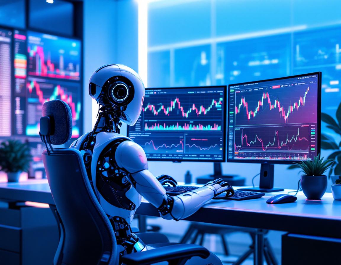 A humanoid AI trading bot analyzes market data at a high-tech workstation with glowing screens.