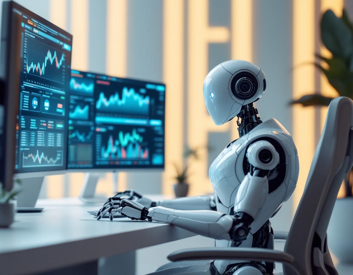 A humanoid AI trading bot analyzes market data at a sleek workstation with multiple tech screens.