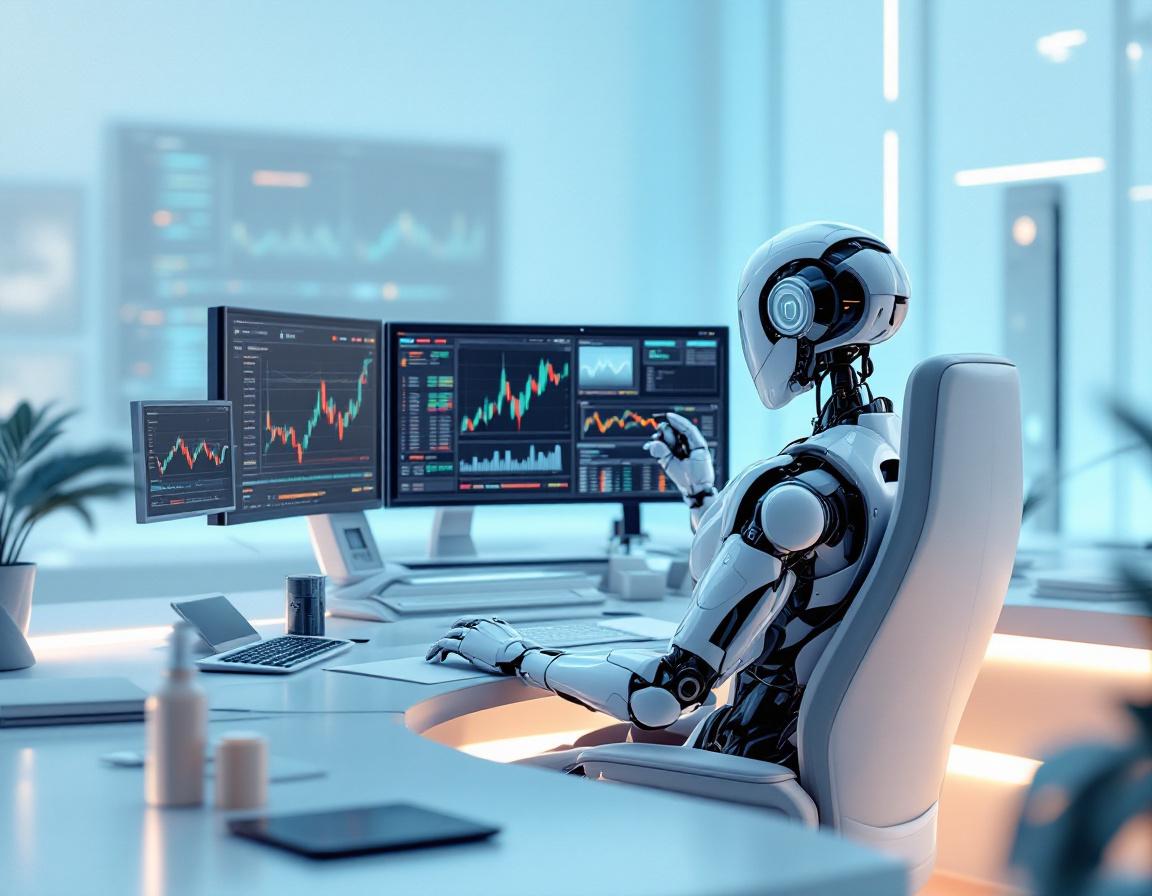 A hyper-realistic AI trading bot analyzes market data at a sleek workstation with multiple screens.