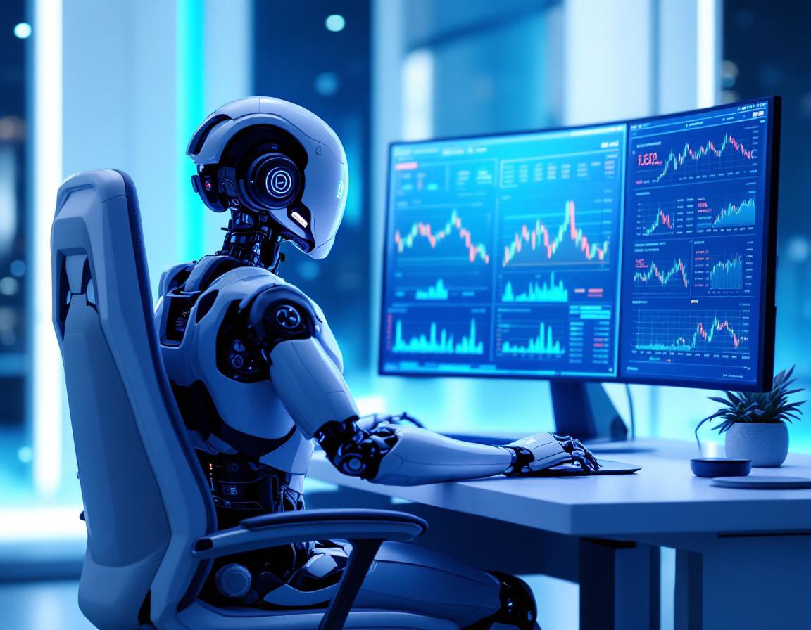 A humanoid AI trading bot analyzes market data at a high-tech workstation with multiple screens.