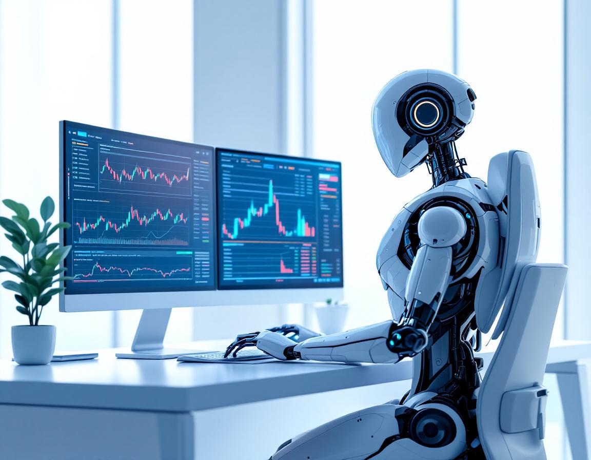 A hyper-realistic AI trading bot in a high-tech workspace analyzing market data on multiple screens.