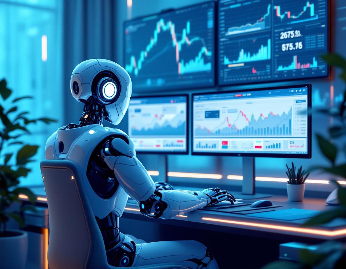 A humanoid AI trading bot analyzes market data at a futuristic workstation with glowing screens.