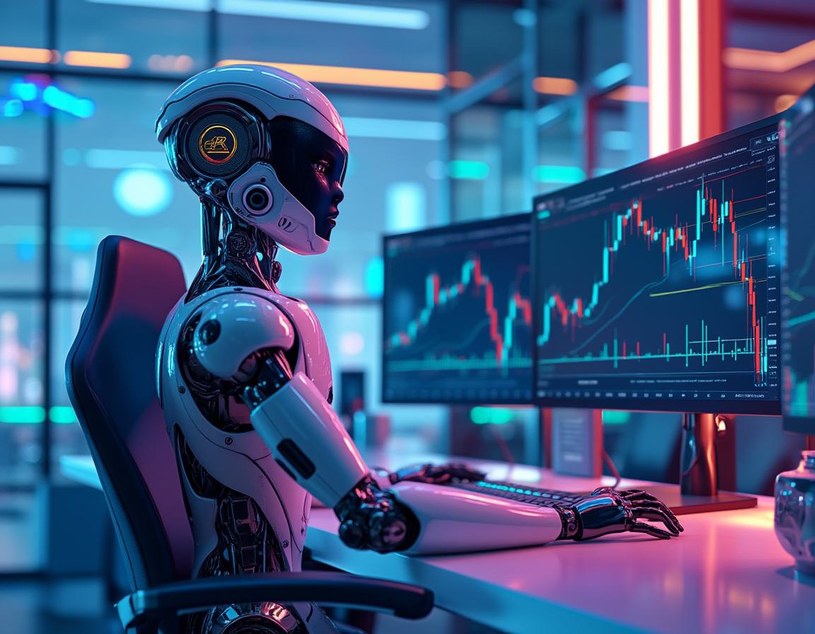 A hyper-realistic AI trading bot in a high-tech workspace, analyzing data on multiple screens.