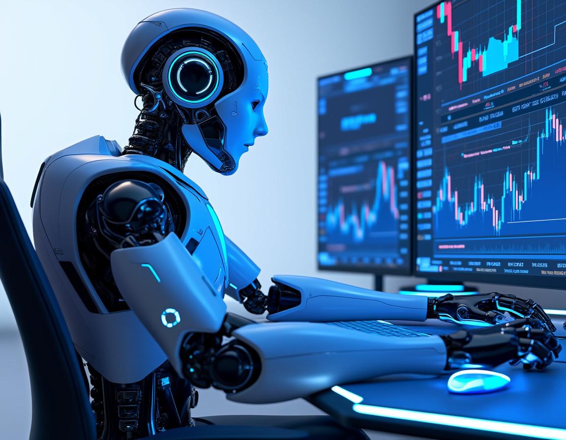 A hyper-realistic AI trading bot analyzes market data on multiple screens in a futuristic setting.
