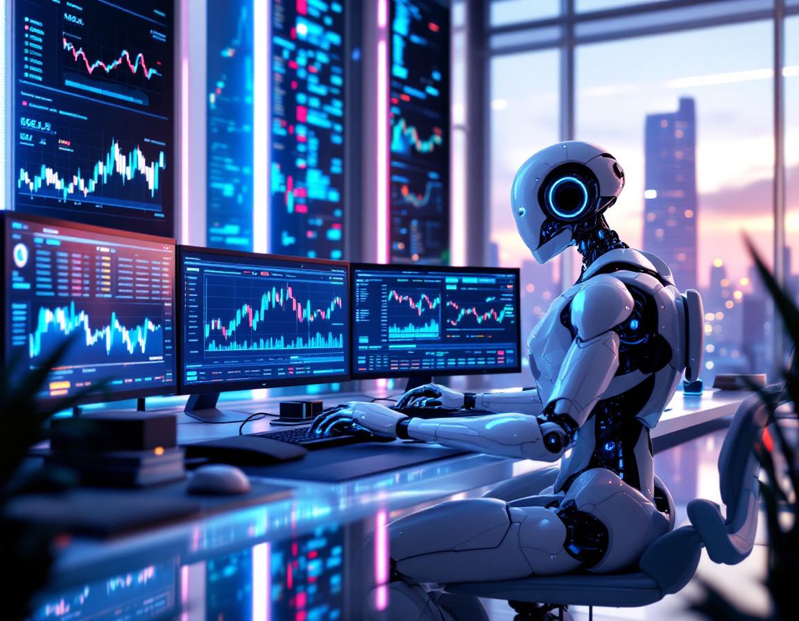 A hyper-realistic AI trading bot at a modern workstation analyzing market data on multiple screens.