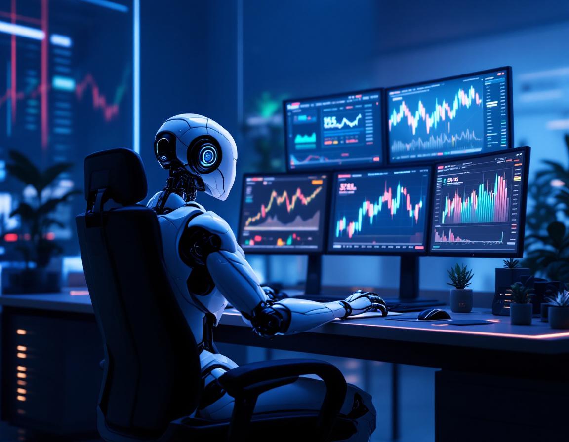 A futuristic AI trading bot analyzes market data at a high-tech workstation with multiple screens.