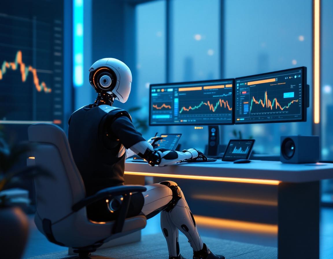 A hyper-realistic AI trading bot at a high-tech workstation analyzing stock and crypto market data.