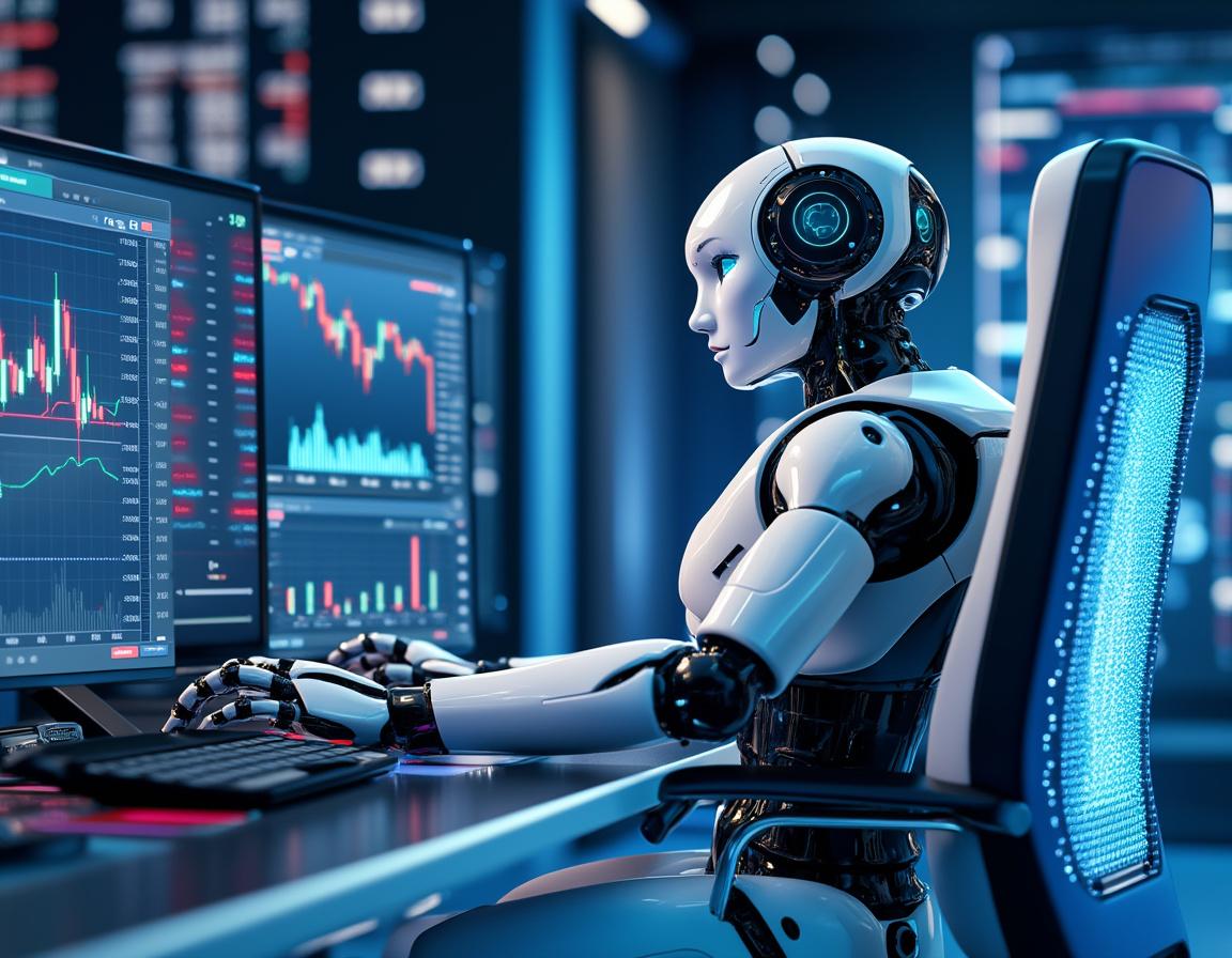 A hyper-realistic AI trading bot analyzes market data on multiple screens in a futuristic setting.
