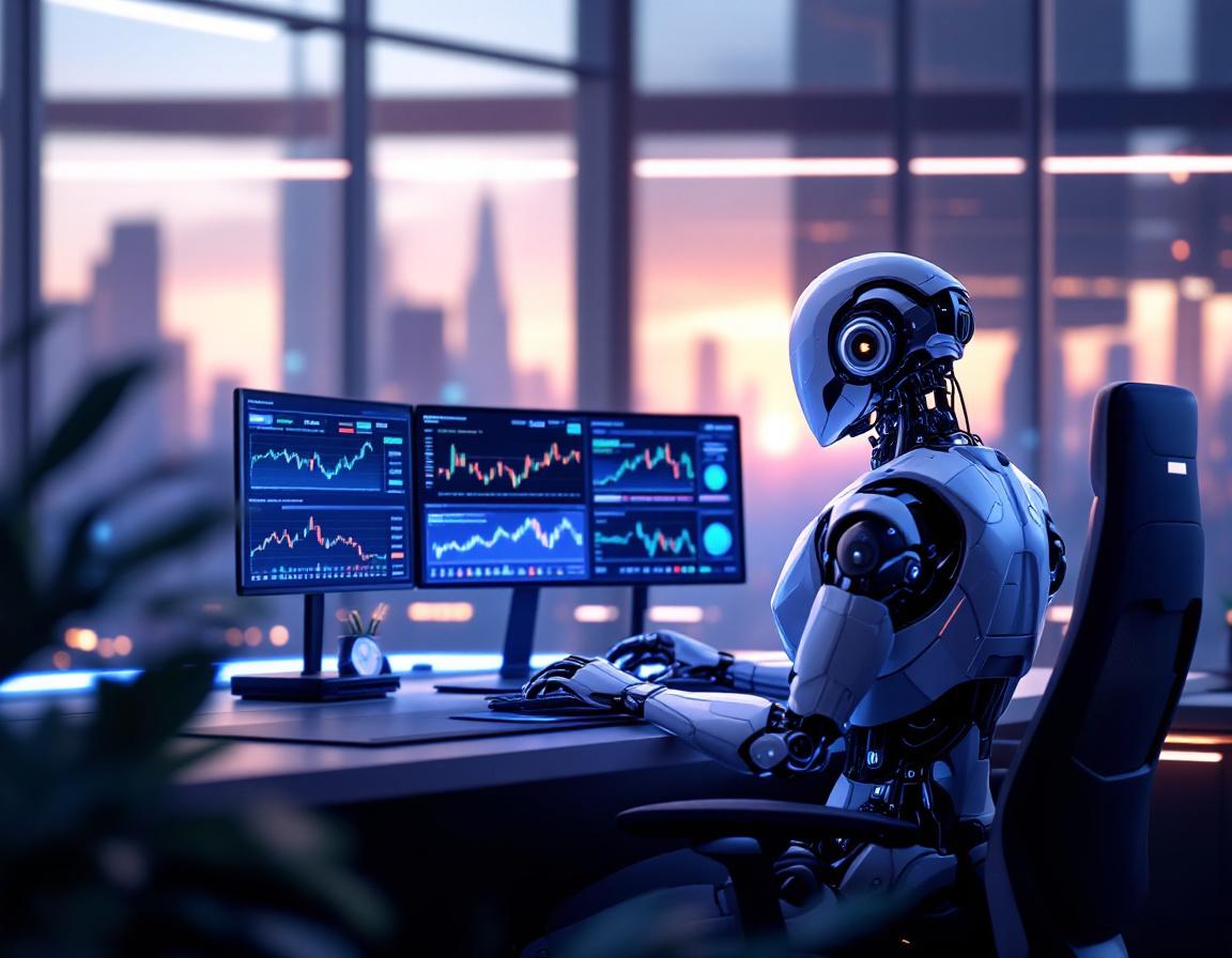A humanoid AI trading bot at a high-tech workstation, analyzing market data across multiple screens.