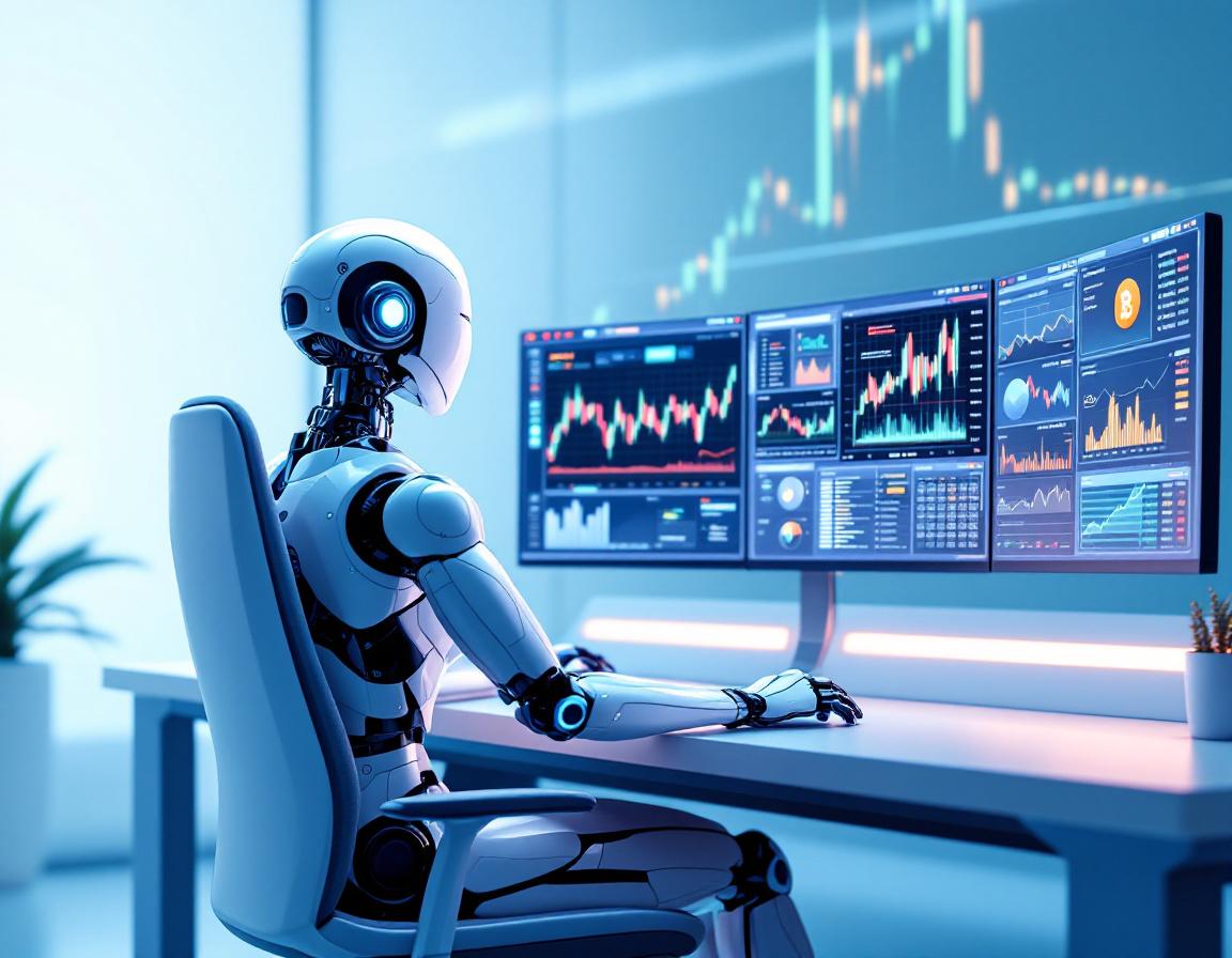 A hyper-realistic AI trading bot analyzes multiple screens in a futuristic financial setting.
