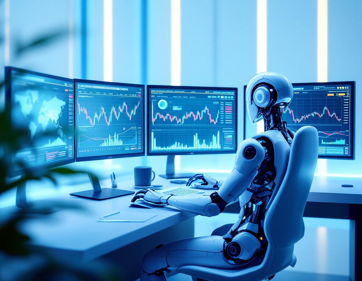 A humanoid AI trading bot, seated at a high-tech station, analyzes market data on multiple screens.