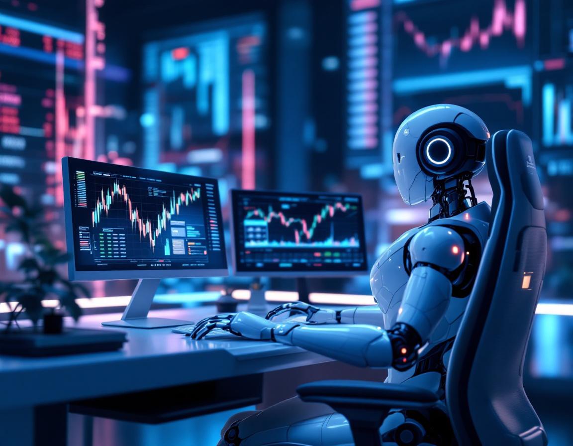 A hyper-realistic AI trading bot at a workstation analyzing market data on multiple screens.