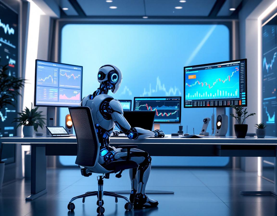 A humanoid AI trading bot analyzes market data at a high-tech workstation with vibrant screens.