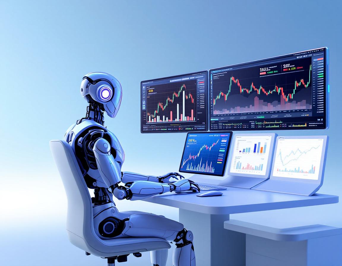 A hyper-realistic AI trading bot at a workstation analyzing market data on multiple screens.