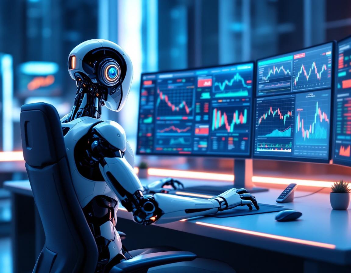 A humanoid AI trading bot at a futuristic workstation analyzes market data on multiple screens.