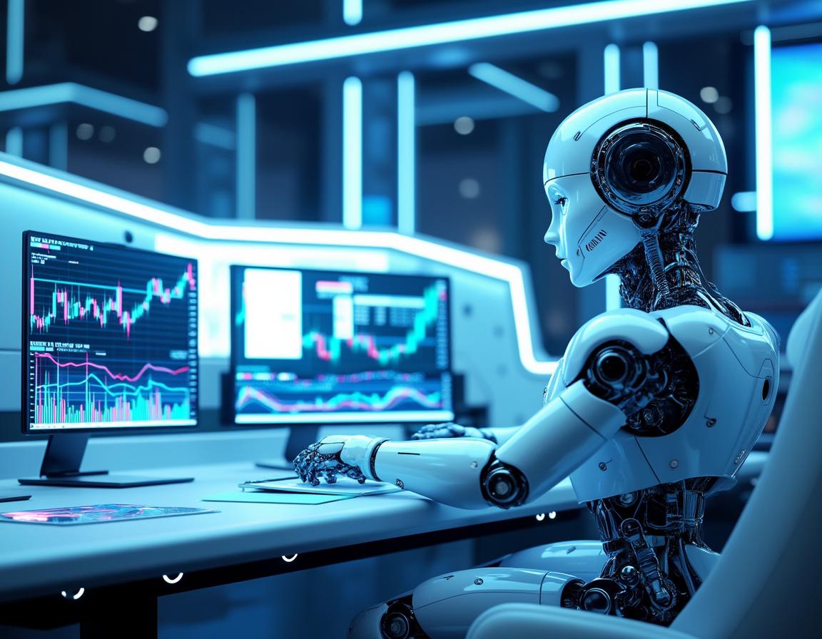 A futuristic AI trading bot analyzes market data at a high-tech workstation with multiple screens.