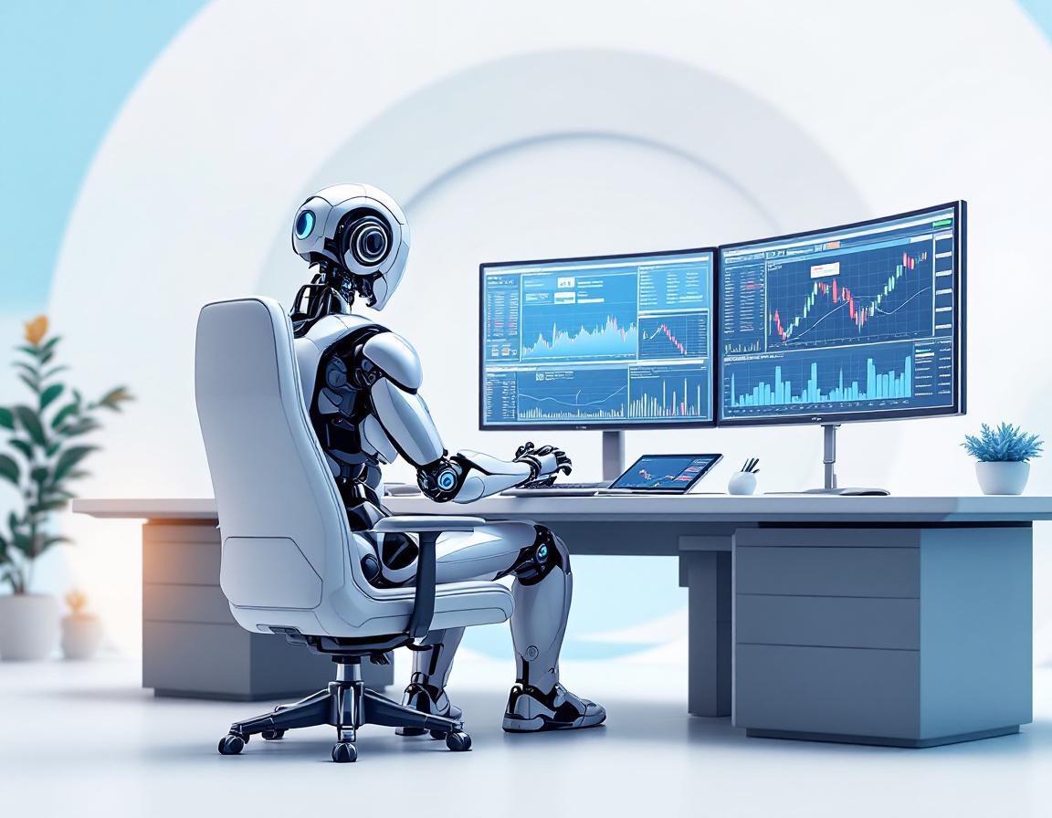 A sleek, humanoid AI trading bot at a high-tech workstation analyzing market data and trends.