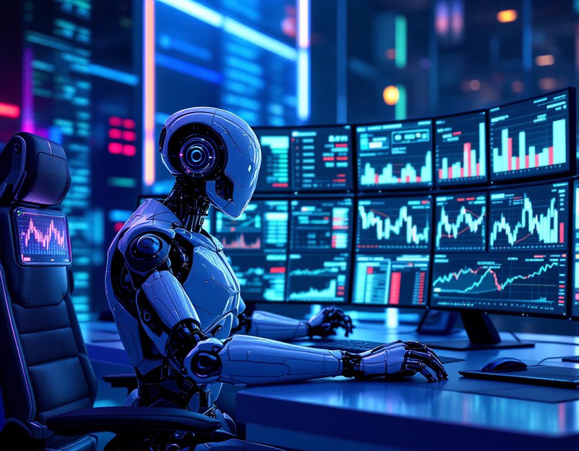 A hyper-realistic AI trading bot at a workstation, analyzing market data on multiple screens.