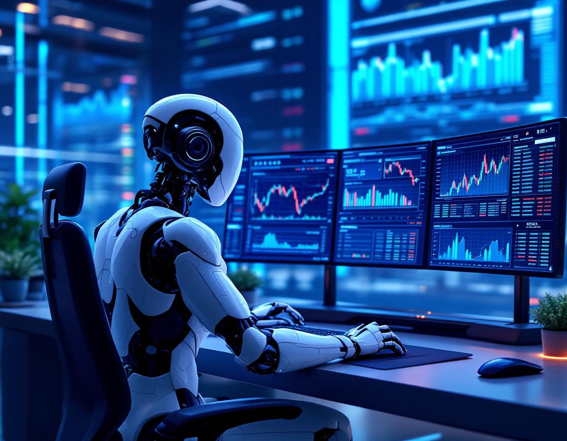 A humanoid AI trading bot analyzes market data at a futuristic workstation with multiple screens.