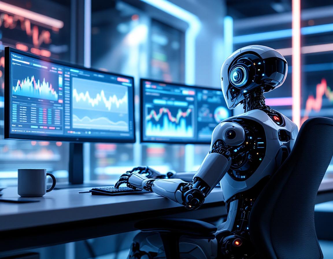 A humanoid AI trading bot works at a high-tech station, analyzing market trends on multiple screens.