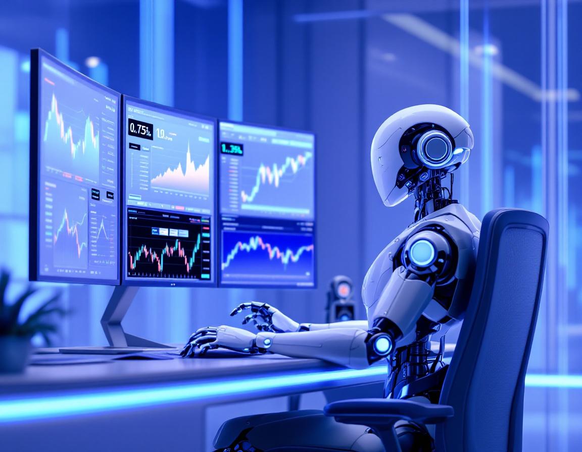 Hyper-realistic AI trading bot in futuristic setting, analyzing market data on multiple screens.