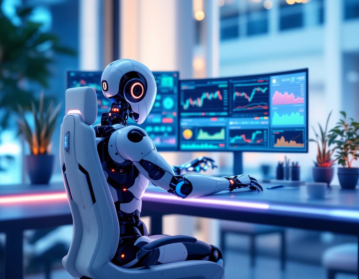 A hyper-realistic AI trading bot analyzes market data on multiple screens in a futuristic setting.