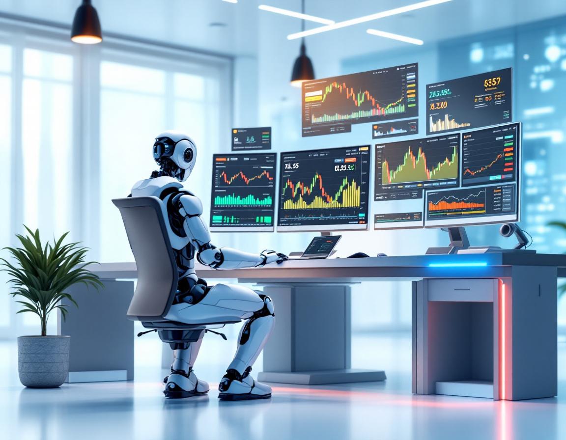 A humanoid AI trading bot analyzes market data at a high-tech workstation, surrounded by screens.