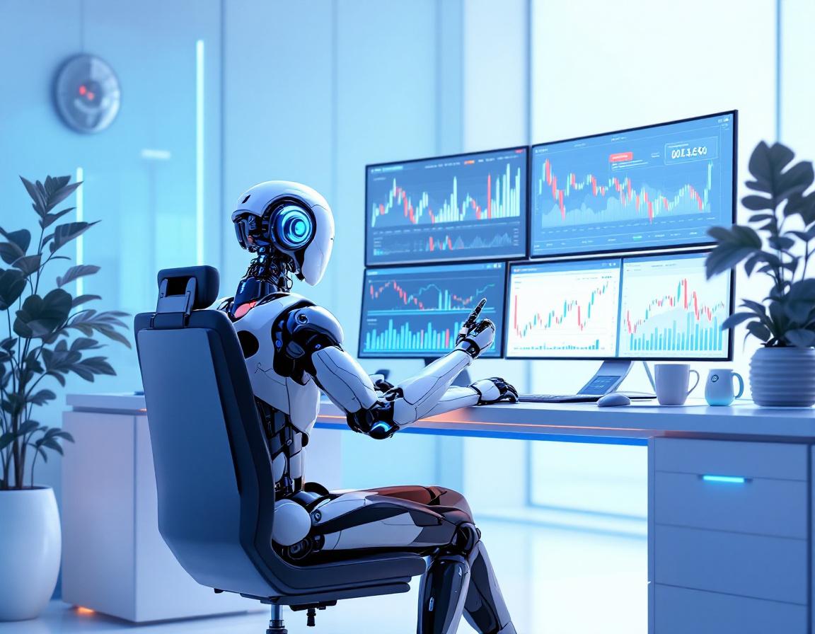 A hyper-realistic AI trading bot at a high-tech workstation analyzing data on multiple screens.