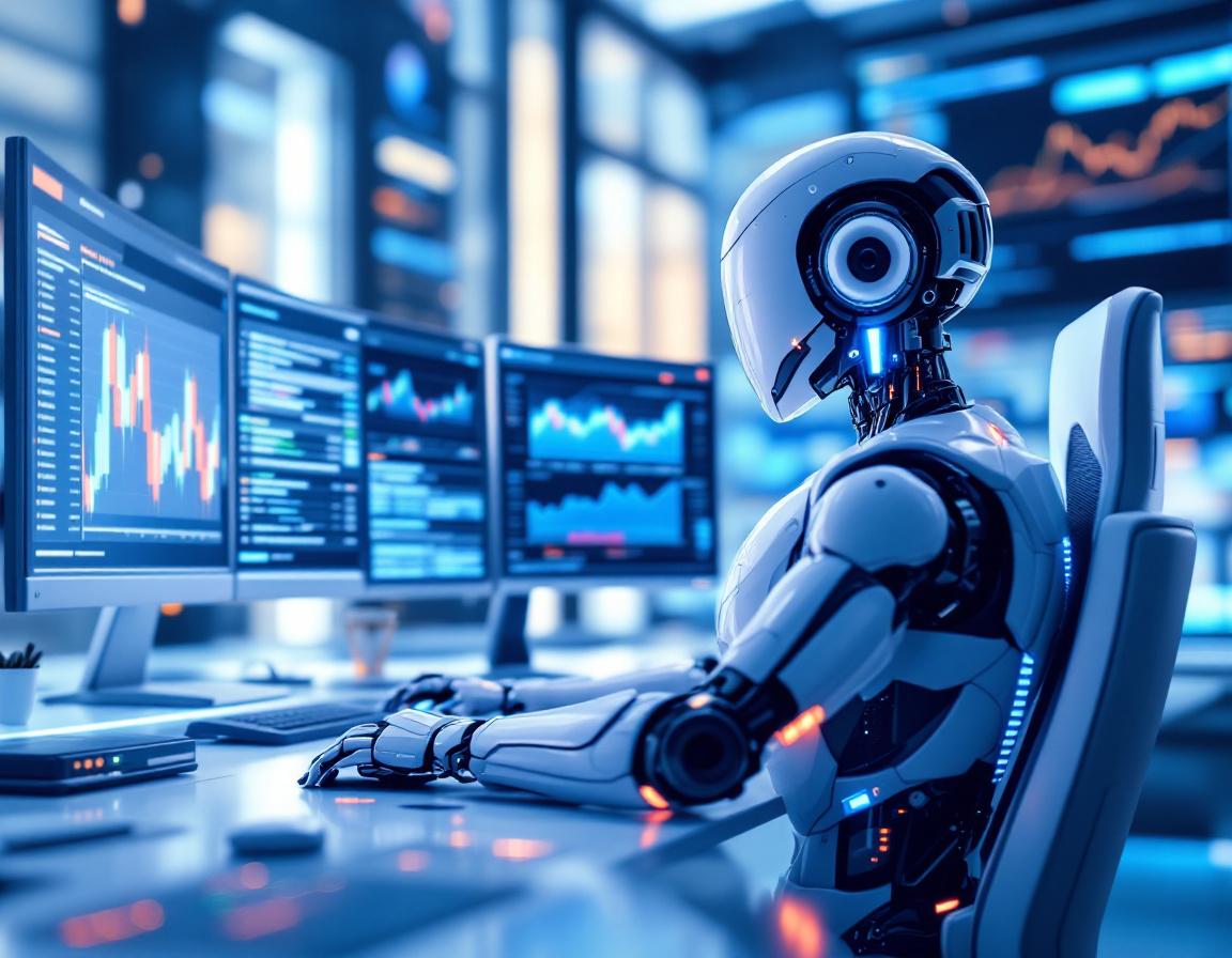 A hyper-realistic AI trading bot at a workstation analyzing crypto and stock market data on screens.